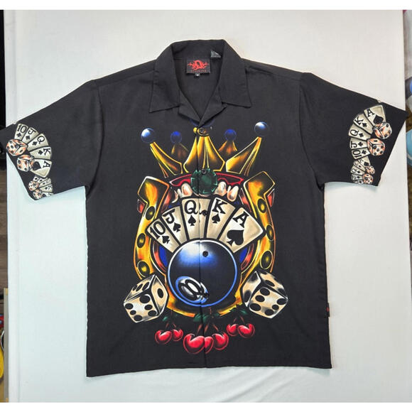 Dragonfly Vintage Y2K Eightball Royal Flush Gambling Loop Collar Shirt Mens M - Picture 1 of 7